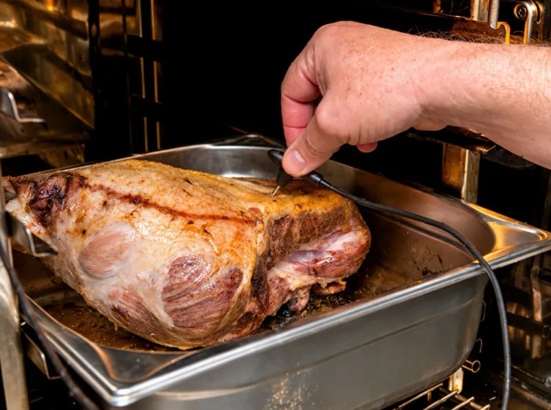 Kerntemperatur eines Lammbratens wird mit Fleischthermometer im Ofen gemessen