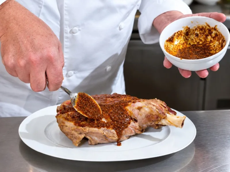 Koch bestreicht Lammschulter mit Harissa-Marinade aus Chili und Gewürzen